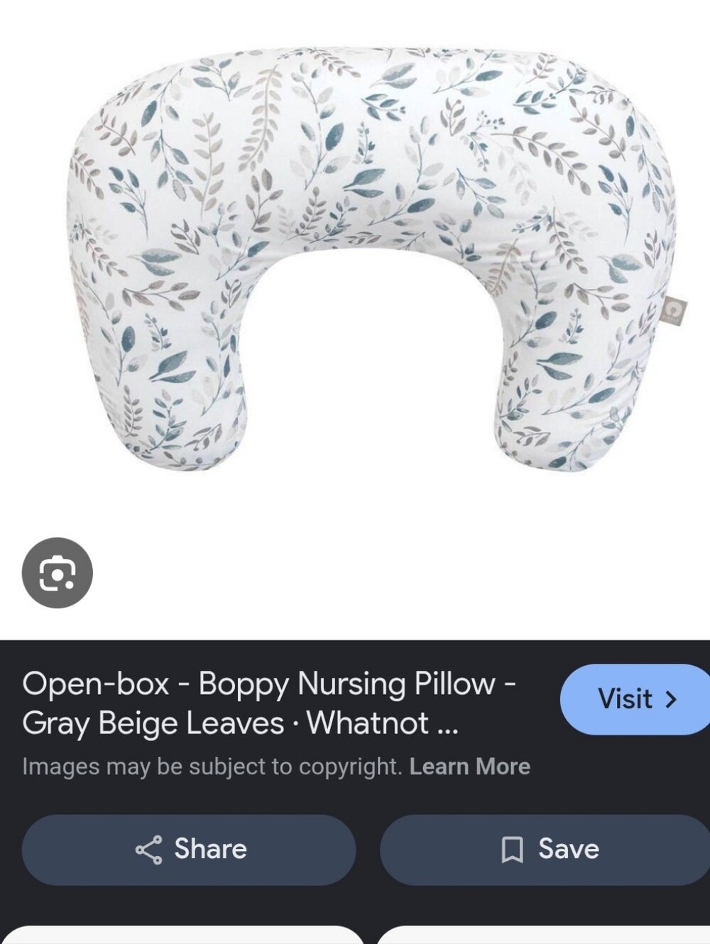 Boppy Nursing Pillow - White with Gray and Blue Leaf Print NWOT